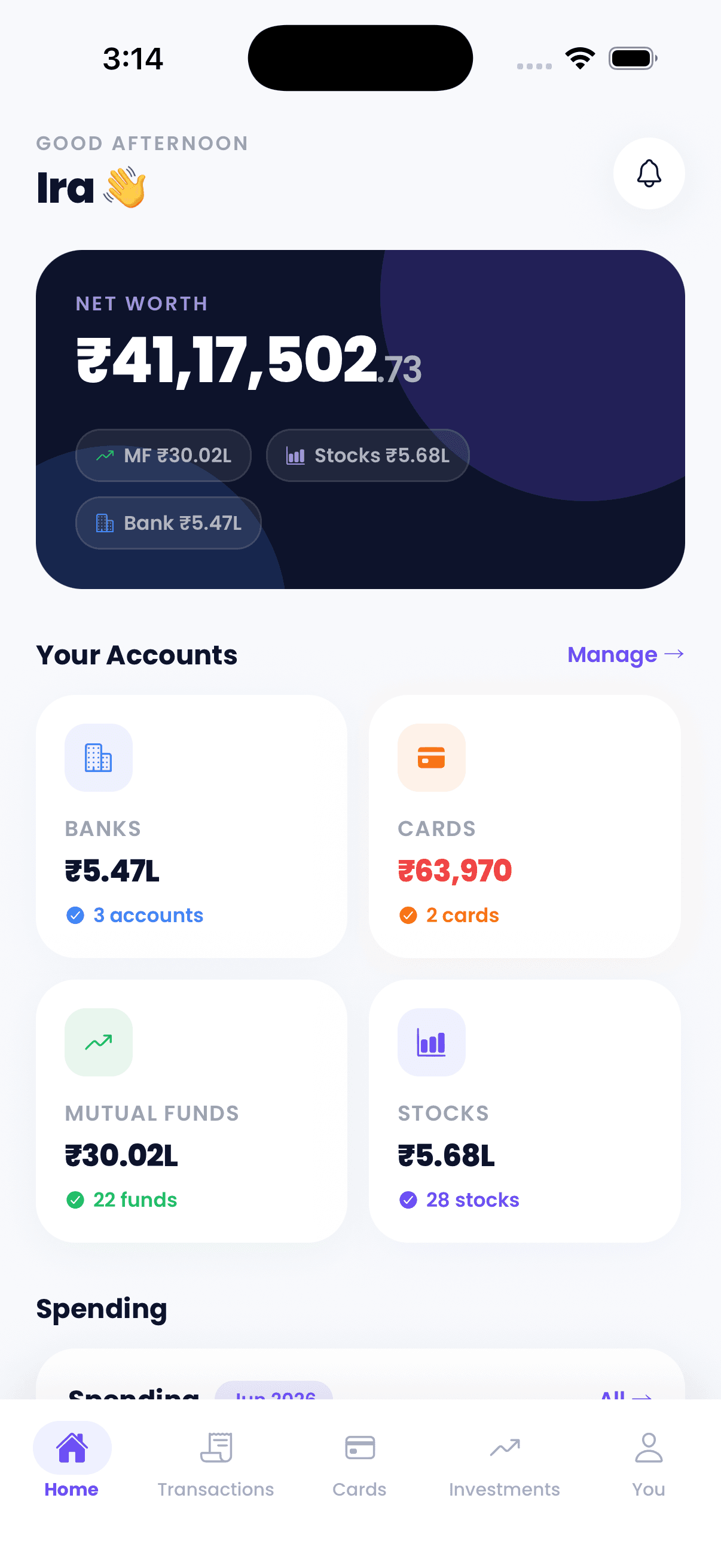The Kleo app showing your net worth, spending and investments at a glance